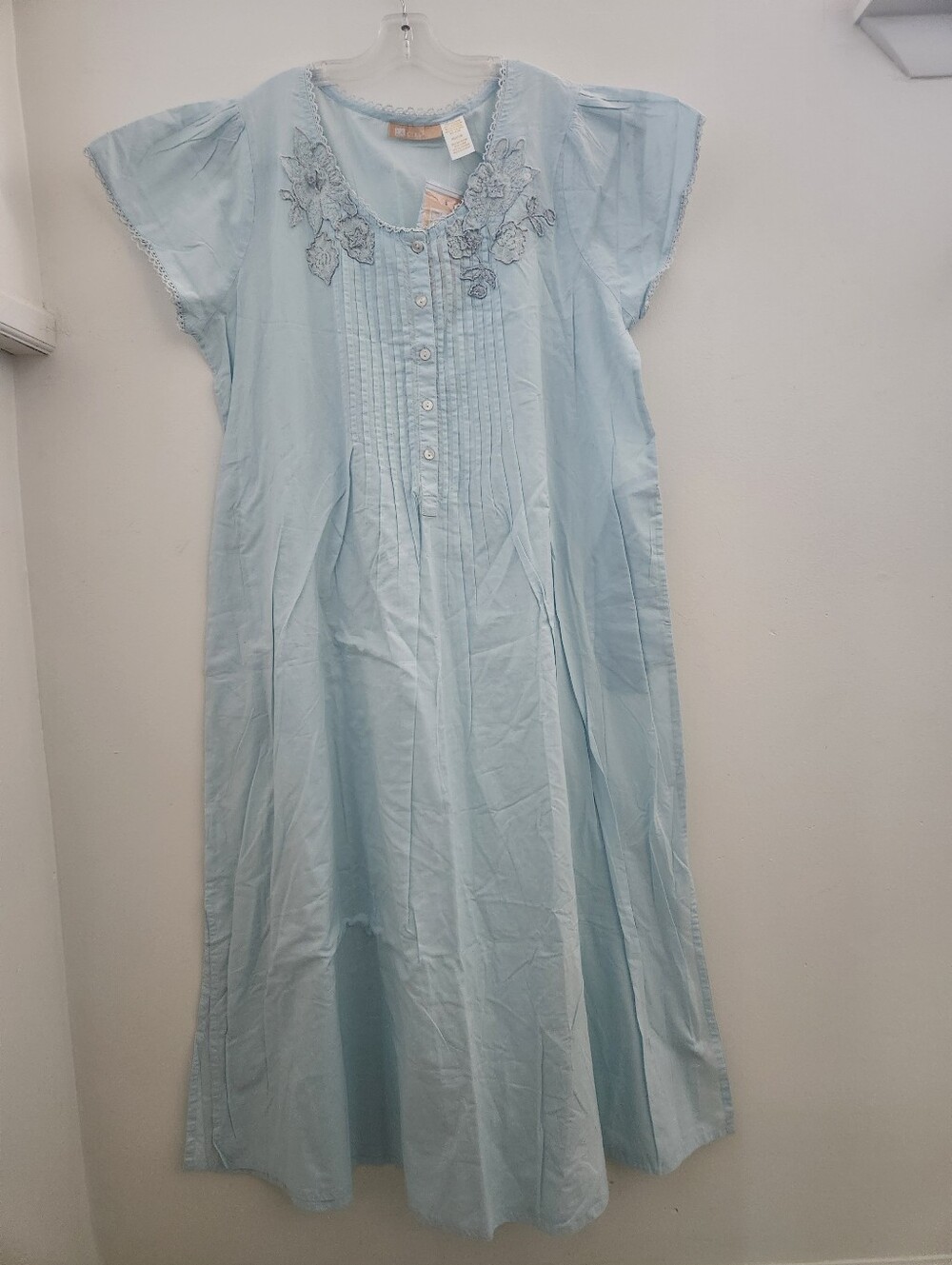 La Cera Medium Vintage Nightgown Cotton Blue Lace Crochet Short Sleeve